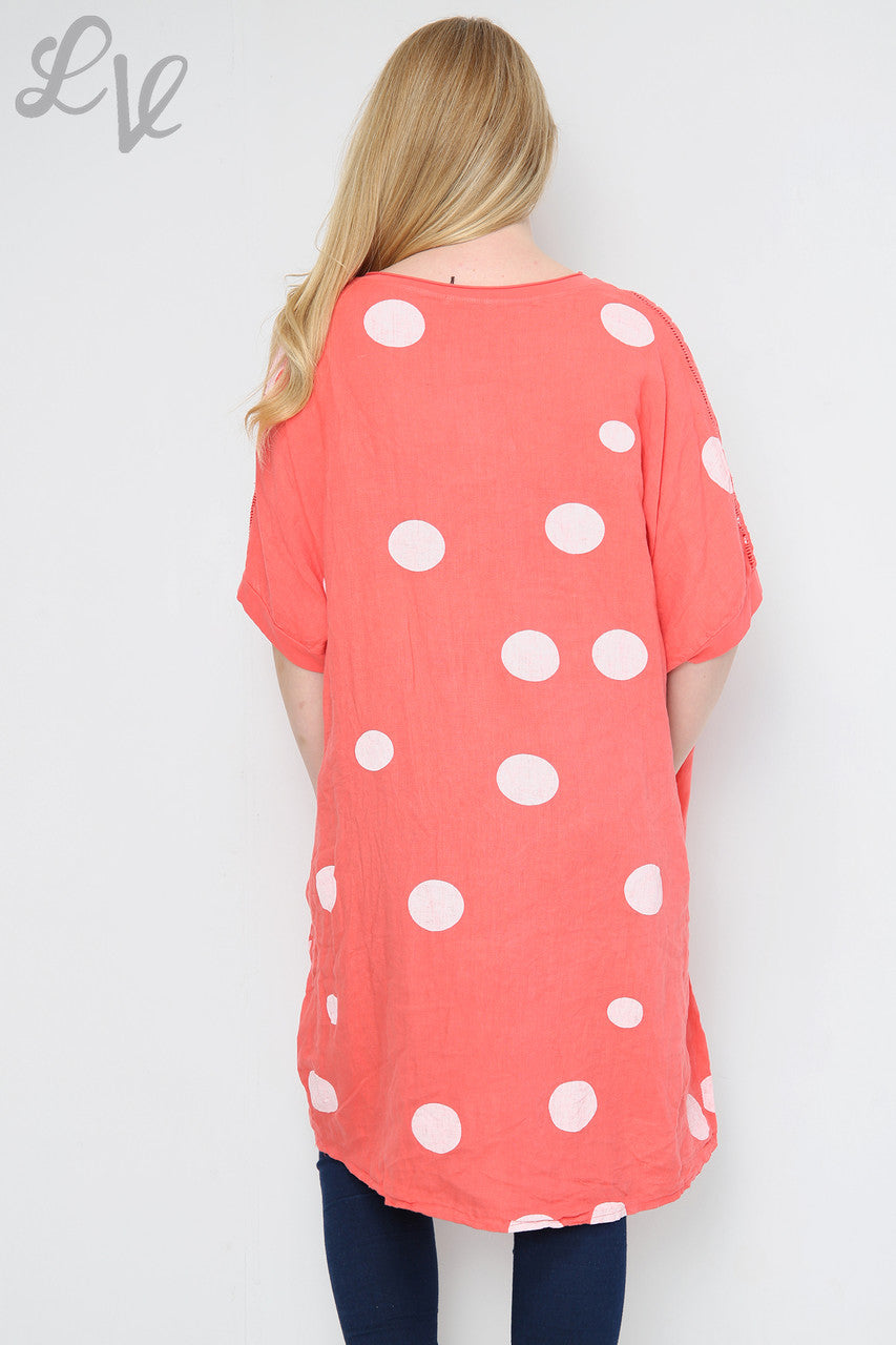 Dames Tuniekjurk van Linnen met Schouderdetails en Polkadots Koraal Stukprijs € 16,99