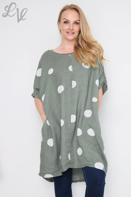 Dames schouderdetail polkadot linnen tuniekjurk kaki eenheidsprijs €16,99