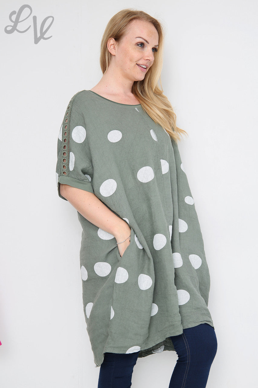 Dames schouderdetail polkadot linnen tuniekjurk kaki eenheidsprijs €16,99