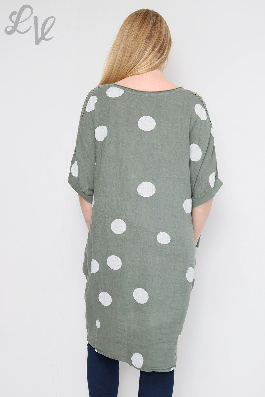 Dames schouderdetail polkadot linnen tuniekjurk kaki eenheidsprijs €16,99