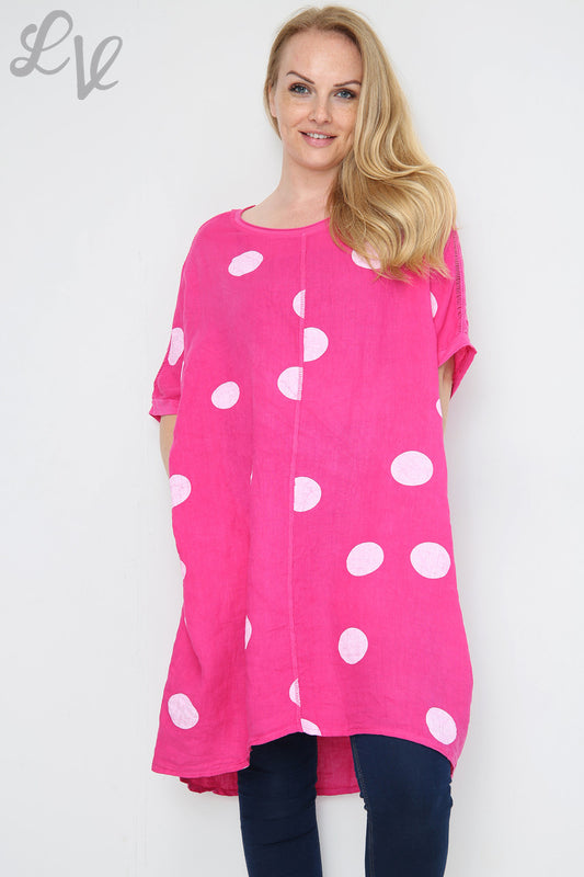 Dames tuniekjurk van linnen met schouderdetails en polkadots kersenrood Prijs per stuk €16,99