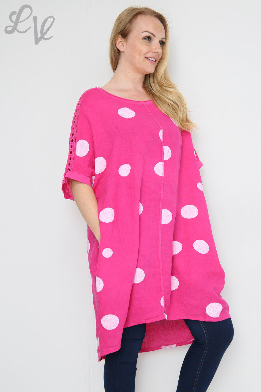 Dames tuniekjurk van linnen met schouderdetails en polkadots kersenrood Prijs per stuk €16,99