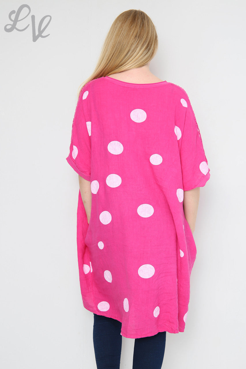 Dames tuniekjurk van linnen met schouderdetails en polkadots kersenrood Prijs per stuk €16,99