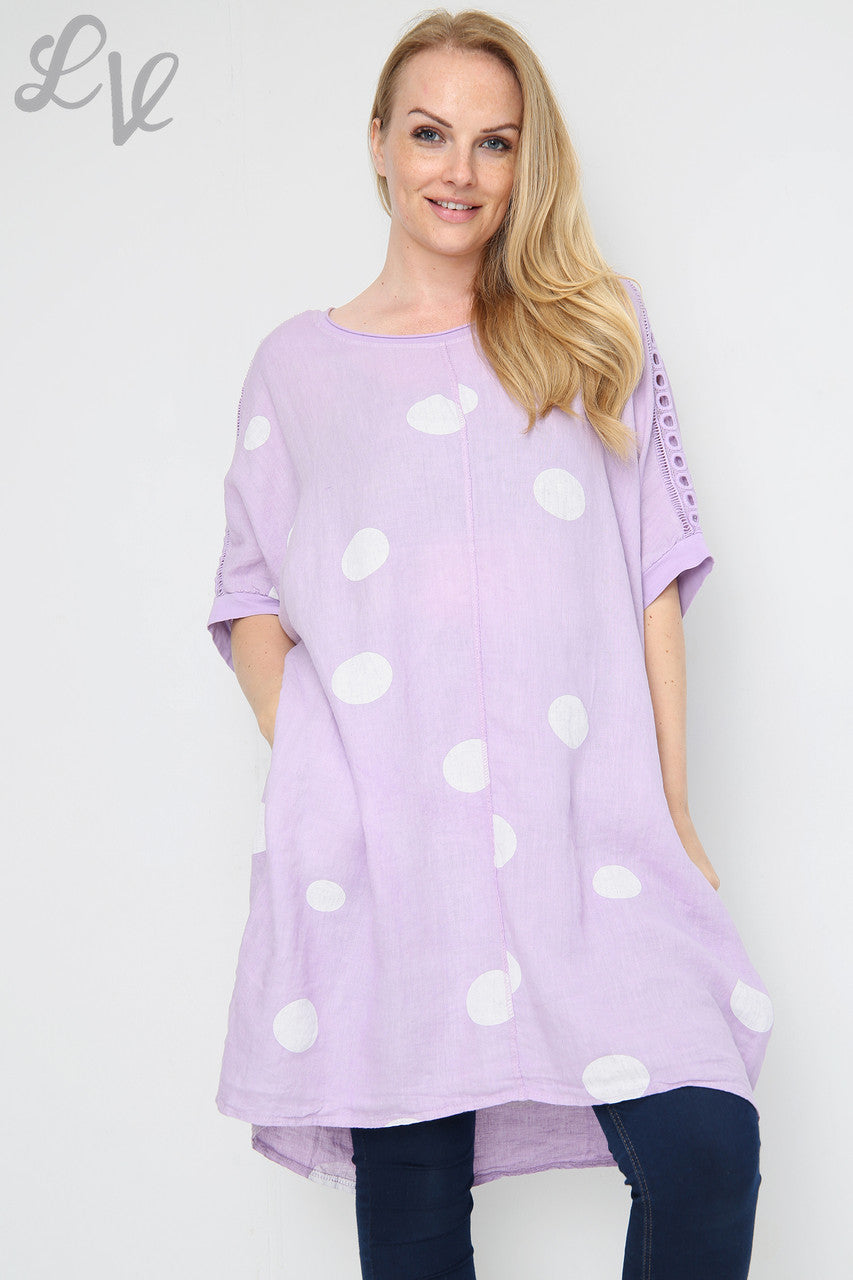 Dames Tunic Jurk met Schouderdetails en Stippenprint van Linnen Paars Stukprijs € 16,99