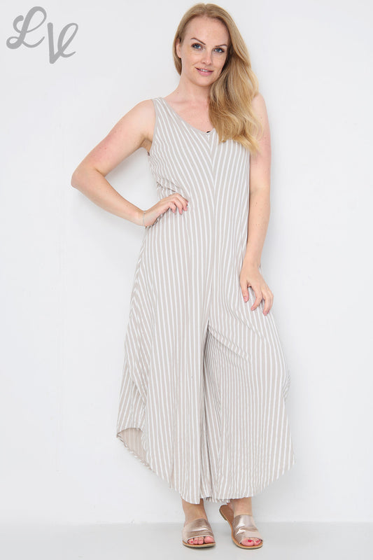 Dames gestreepte jumpsuit met wijde pijpen, steen, eenheidsprijs € 9,99
