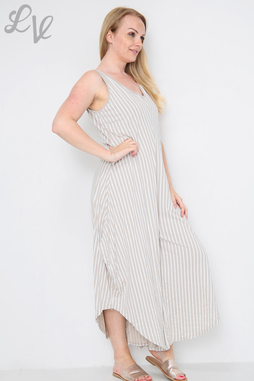 Dames gestreepte jumpsuit met wijde pijpen, steen, eenheidsprijs € 9,99