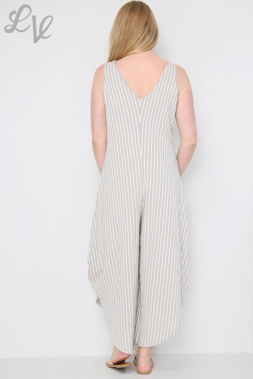 Dames gestreepte jumpsuit met wijde pijpen, steen, eenheidsprijs € 9,99