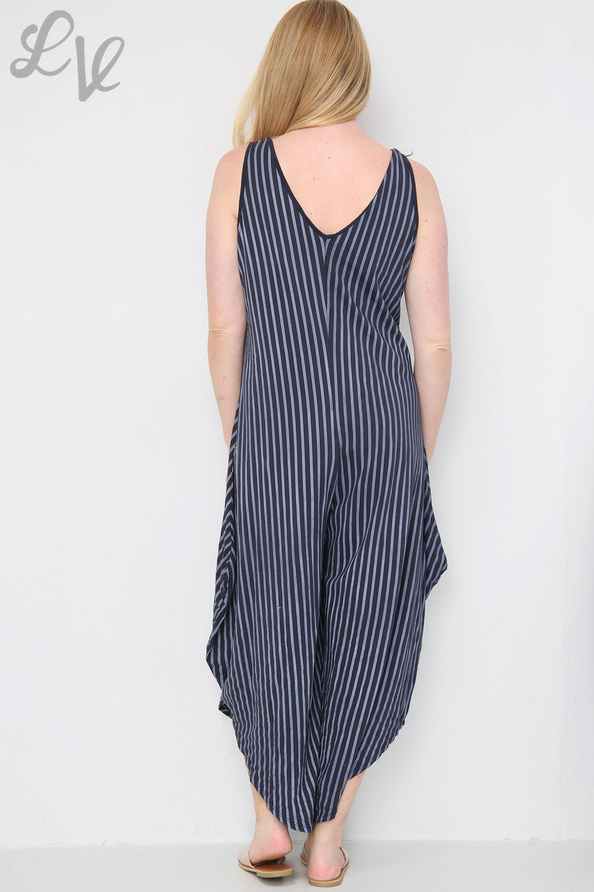 Dames gestreepte jumpsuit met wijde pijpen, marineblauw, eenheidsprijs €9,99