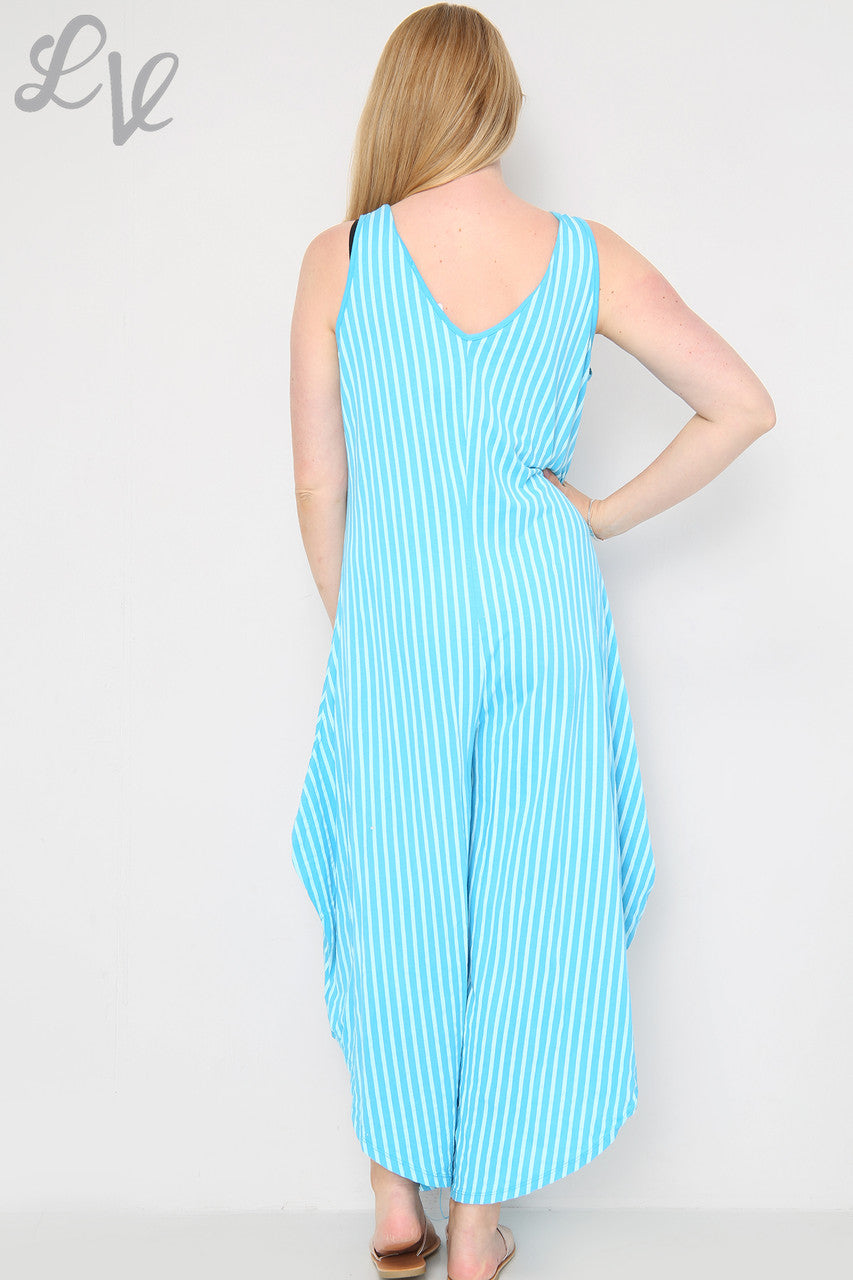 Dames gestreepte jumpsuit met wijde pijpen Turquoise Prijs per stuk €9,99