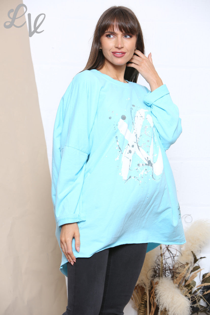 Ladies XO Graphic Sweatshirt Top Turquoise