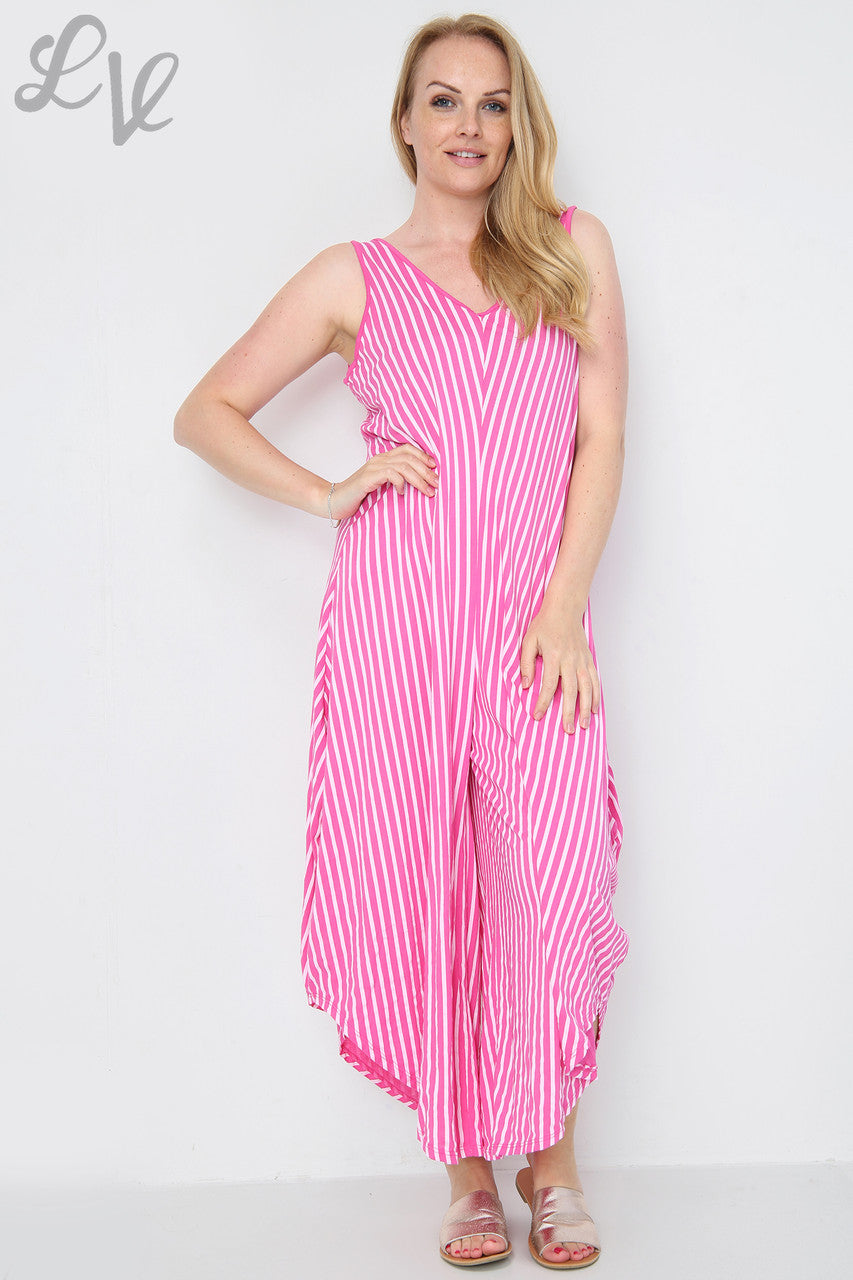 Dames gestreepte jumpsuit met wijde pijpen cerise Prijs per eenheid € 9,99