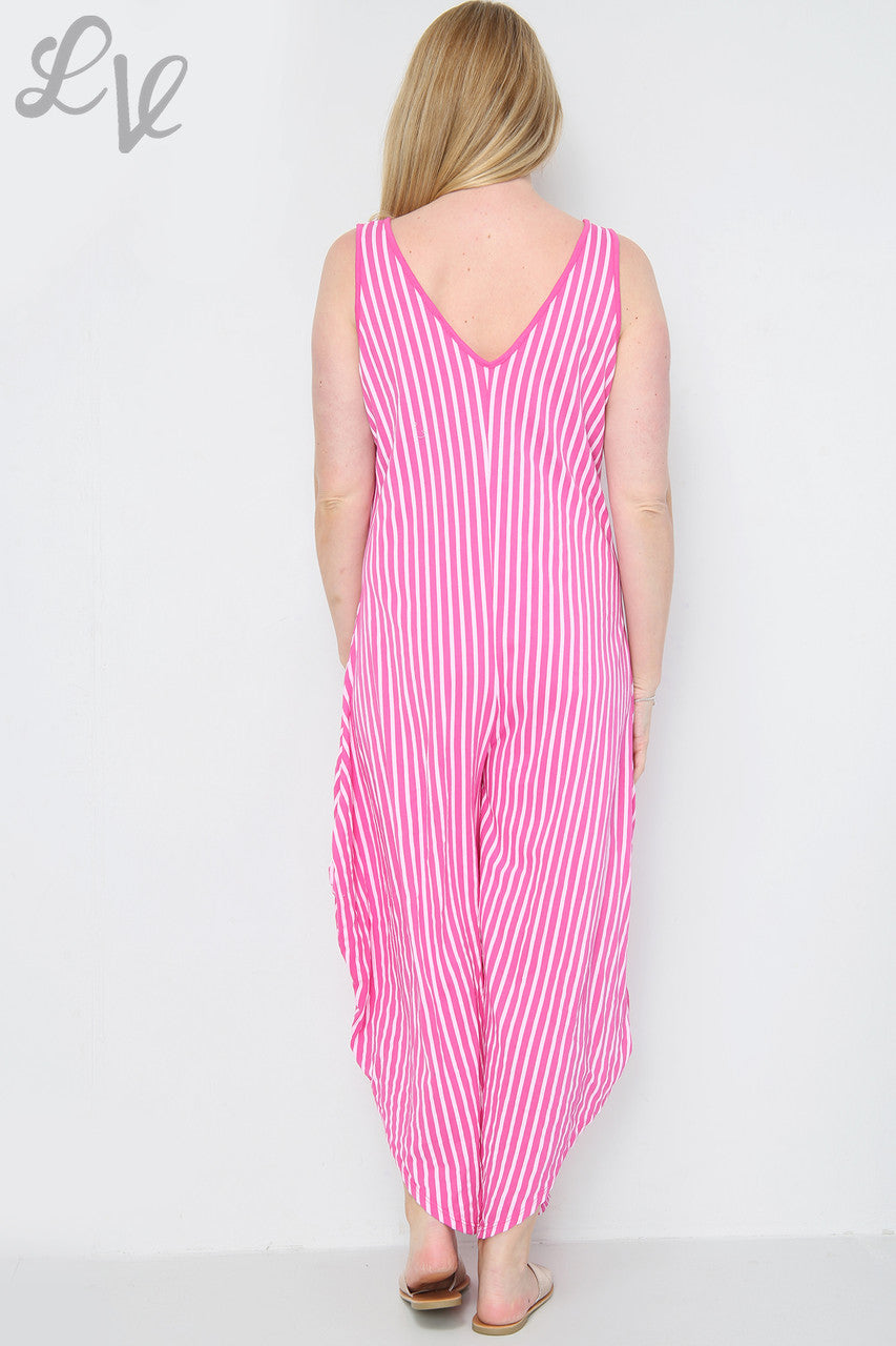 Dames gestreepte jumpsuit met wijde pijpen cerise Prijs per eenheid € 9,99