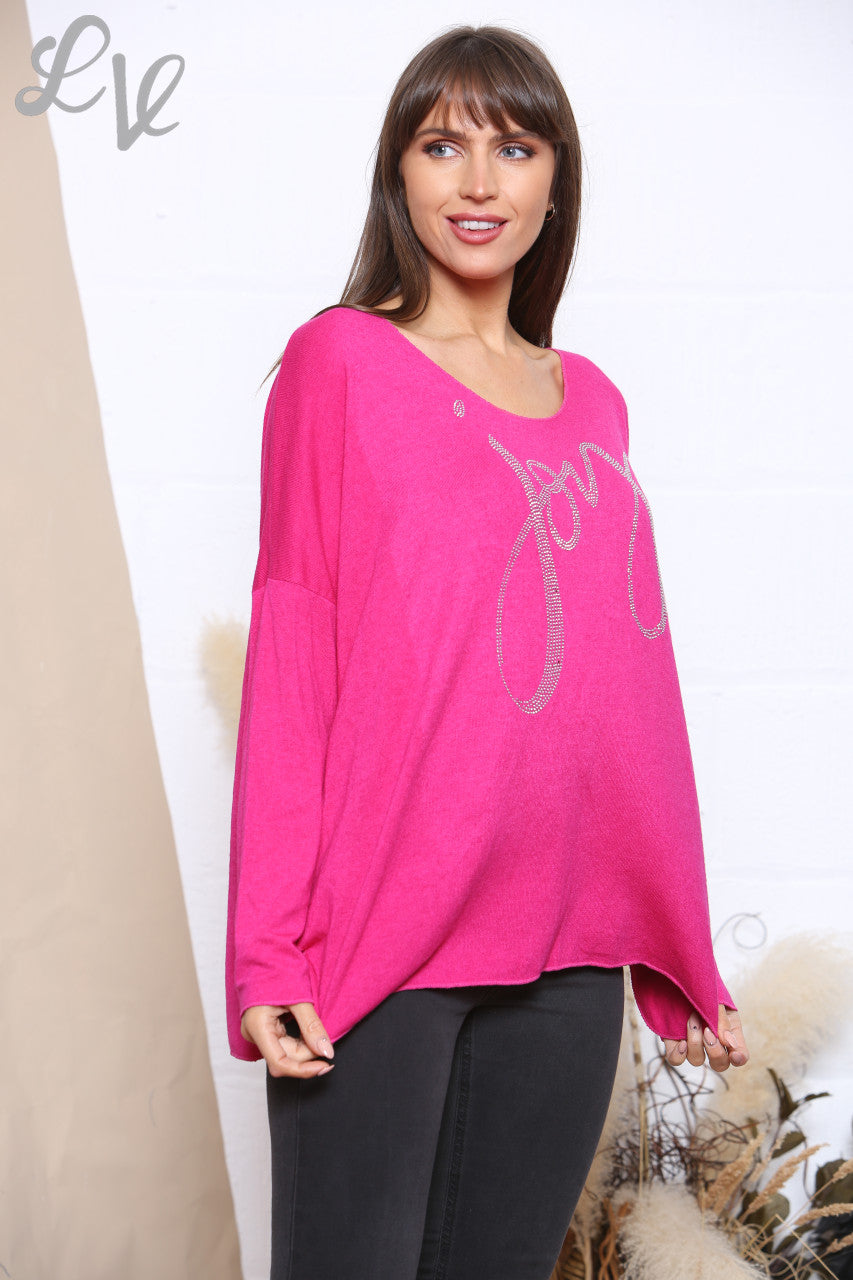 Ladies Sequin Joy Script Fine Knit Jumper Top Cerise