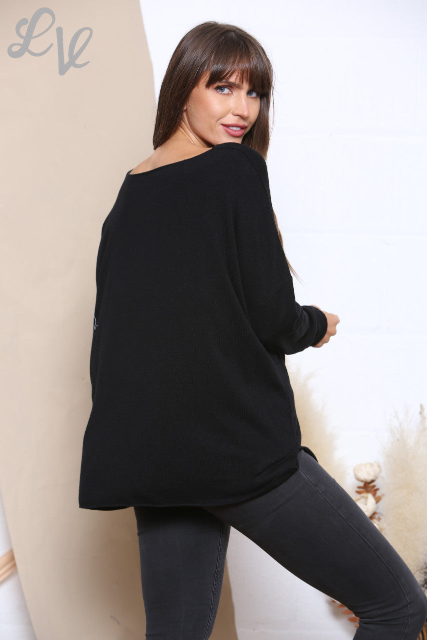 Dames Sequin Joy Script Fijne Gebreide Trui Zwart