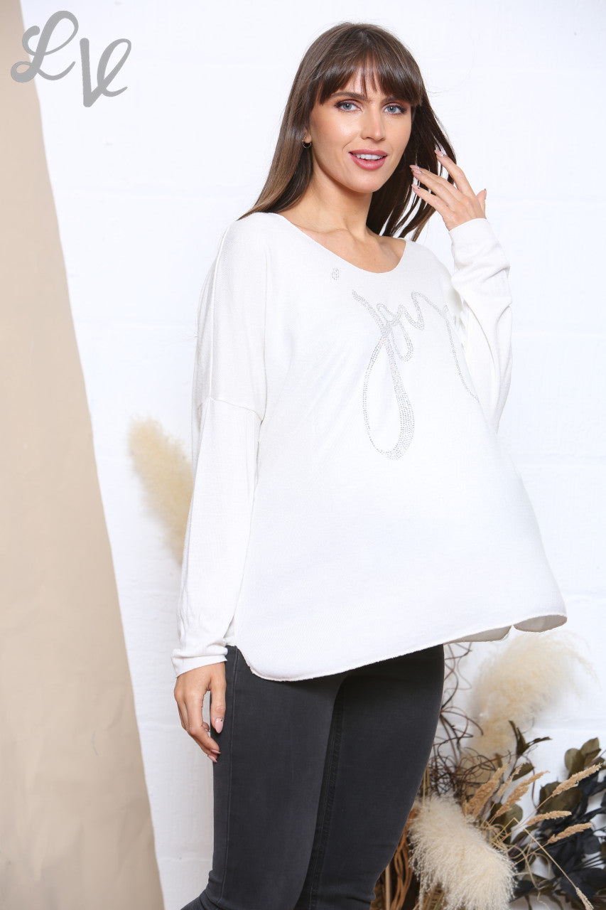 Ladies Sequin Joy Script Fine Knit Jumper Top White
