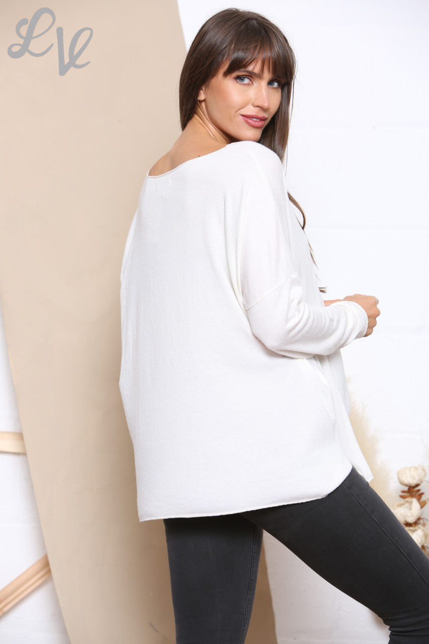 Ladies Sequin Joy Script Fine Knit Jumper Top White