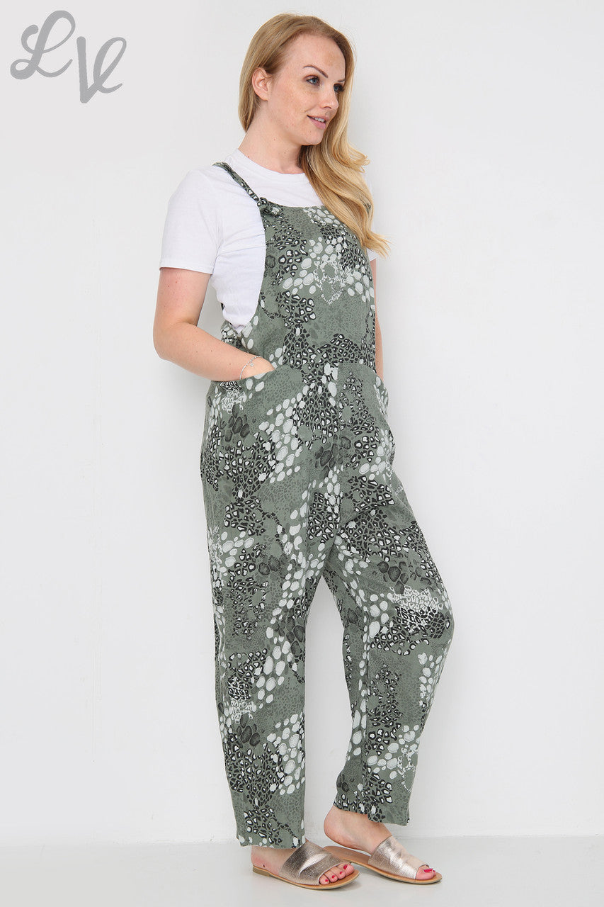 Ladies Animal Print Linen Dungarees Khaki Unit Price £14.99