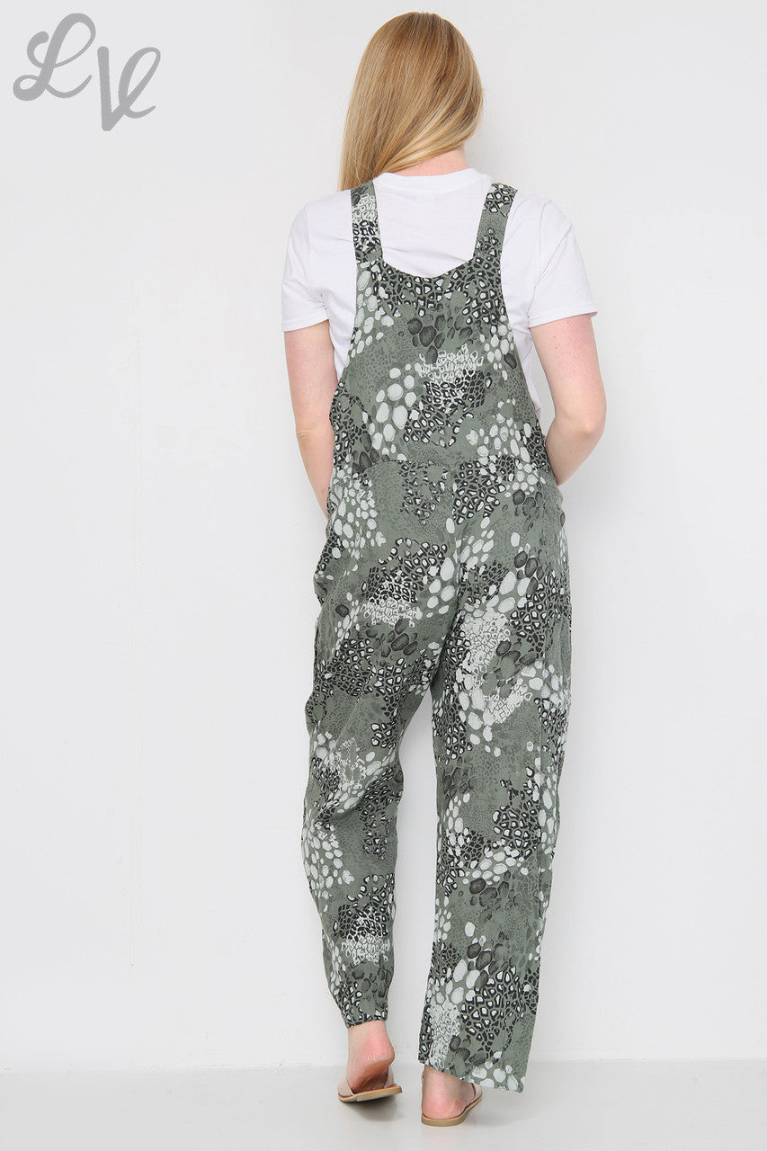 Ladies Animal Print Linen Dungarees Khaki Unit Price £14.99