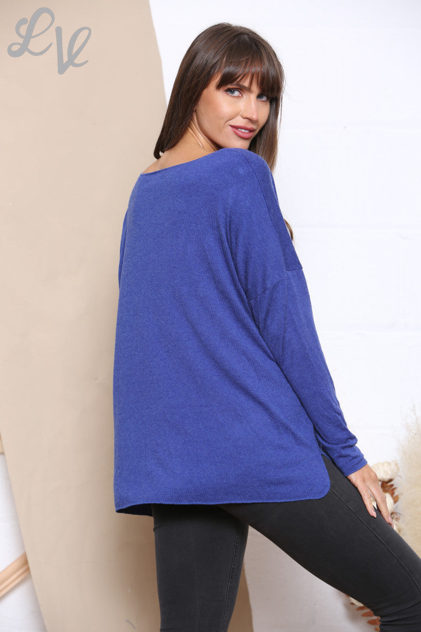 Ladies Sequin Joy Script Fine Knit Jumper Top Royal Blue