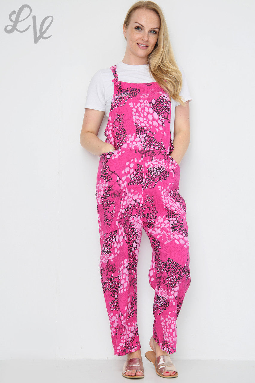 Ladies Animal Print Linen Dungarees Cerise Unit Price £14.99