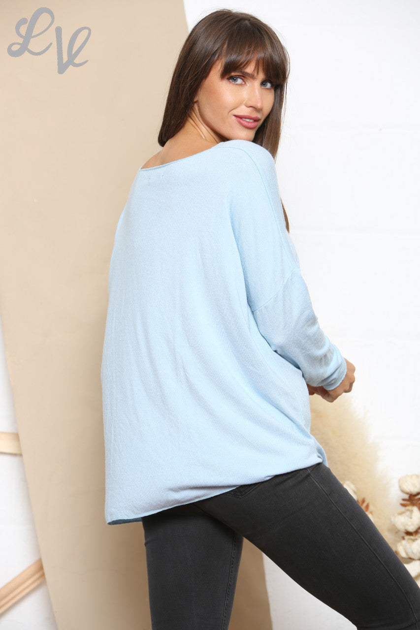 Ladies Sequin Joy Script Fine Knit Jumper Top Sky Blue