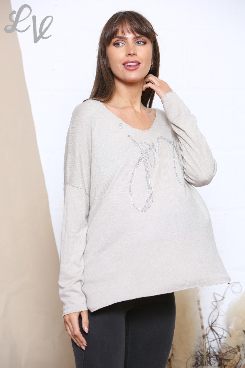 Ladies Sequin Joy Script Fine Knit Jumper Top Stone