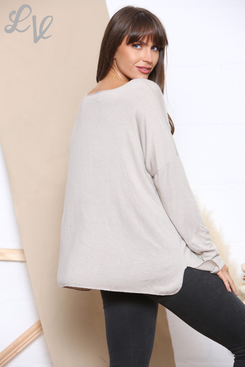 Ladies Sequin Joy Script Fine Knit Jumper Top Stone