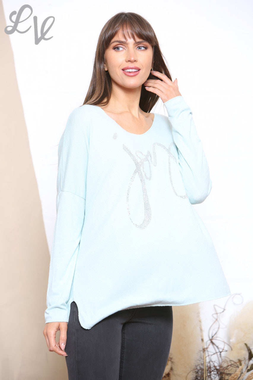 Ladies Sequin Joy Script Fine Knit Jumper Top Mint