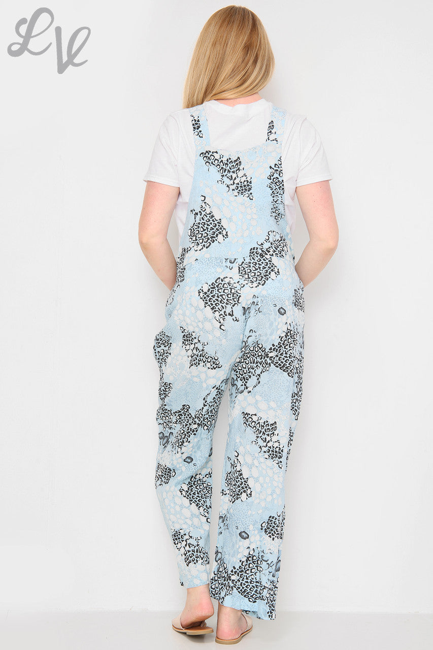 Dames tuinbroek van linnen met dierenprint, lichtblauw, per stuk €14,99