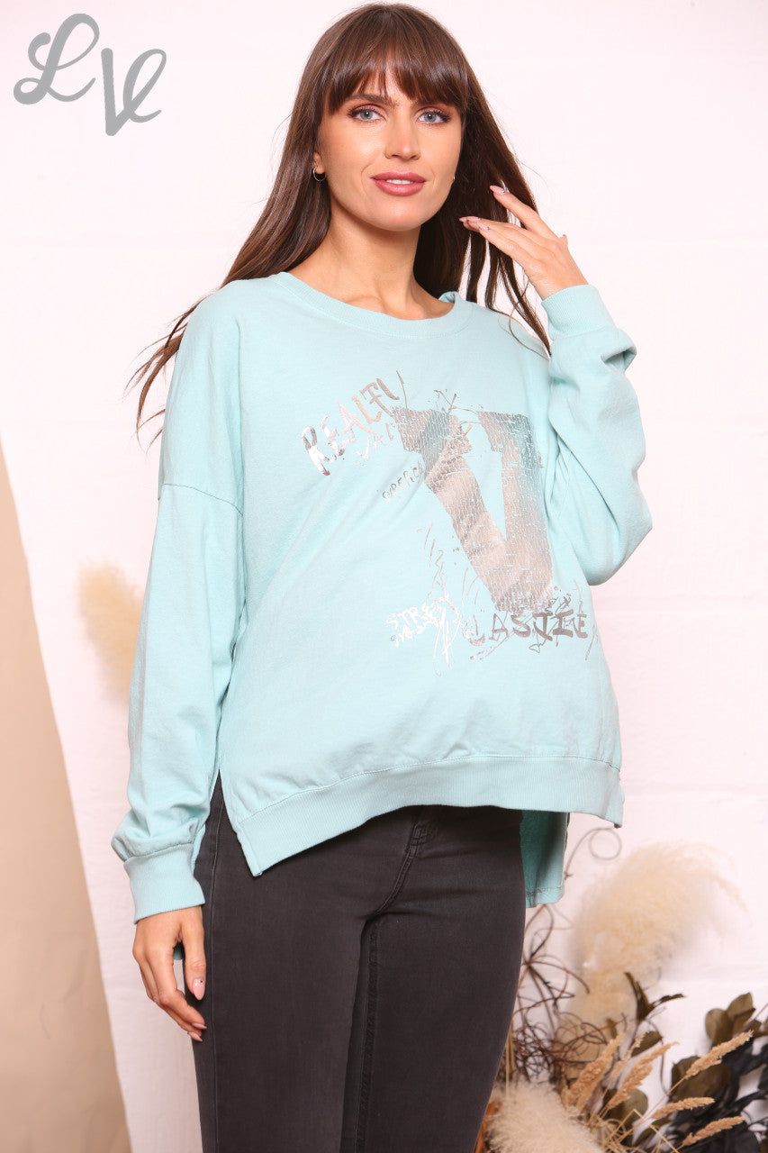 Ladies Foil V Script Graphic Sweatshirt Top Tiffany