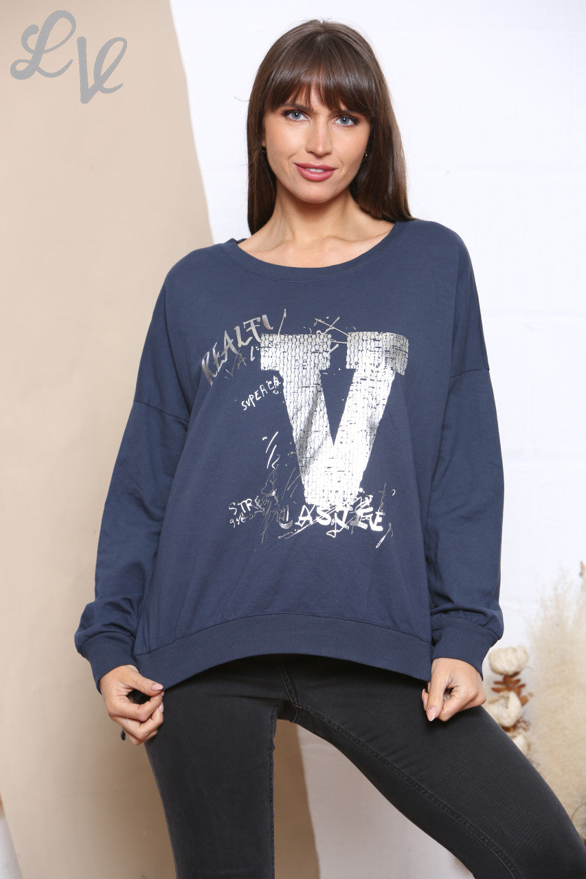 Dames Foil V Script Graphic Sweatshirt Top Marineblauw