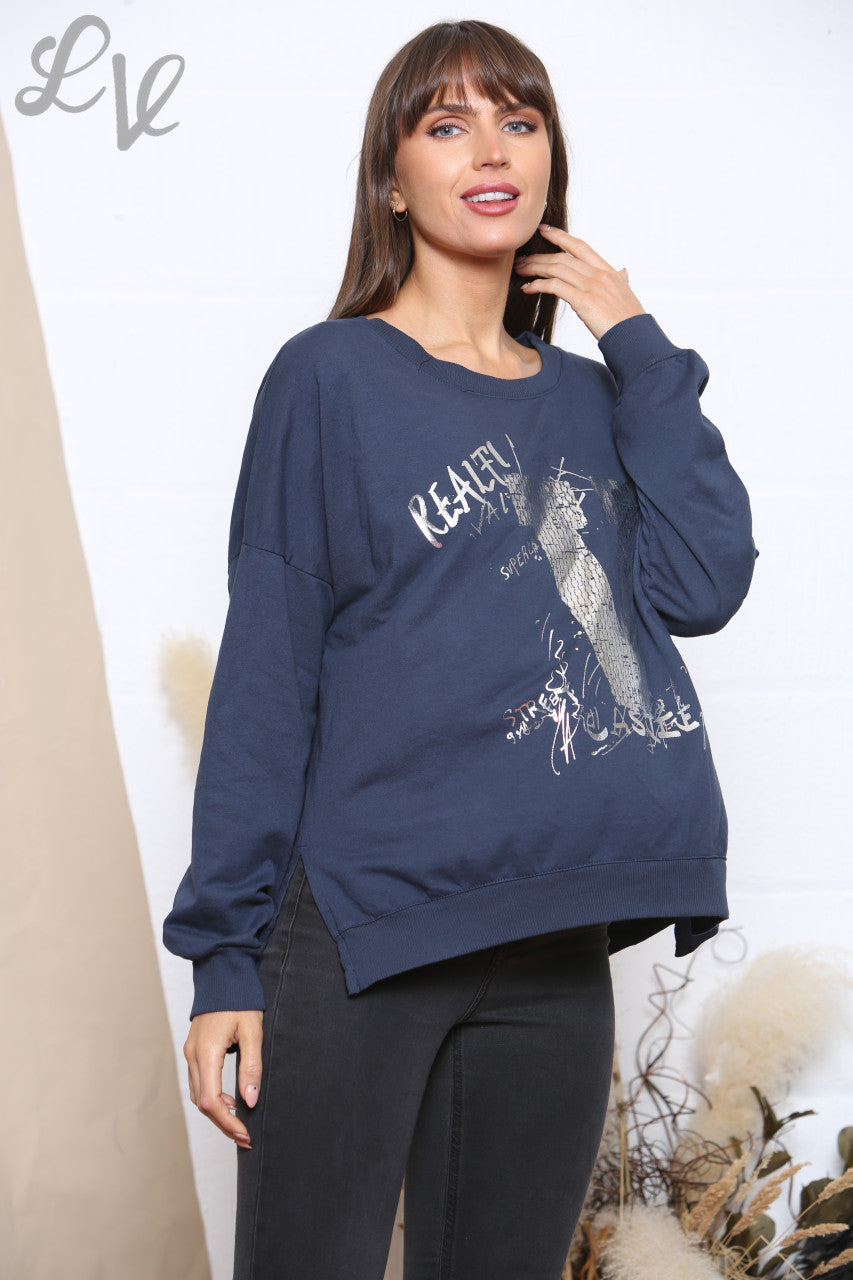 Dames Foil V Script Graphic Sweatshirt Top Marineblauw