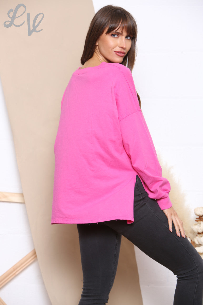 Ladies Foil V Script Graphic Sweatshirt Top Cerise