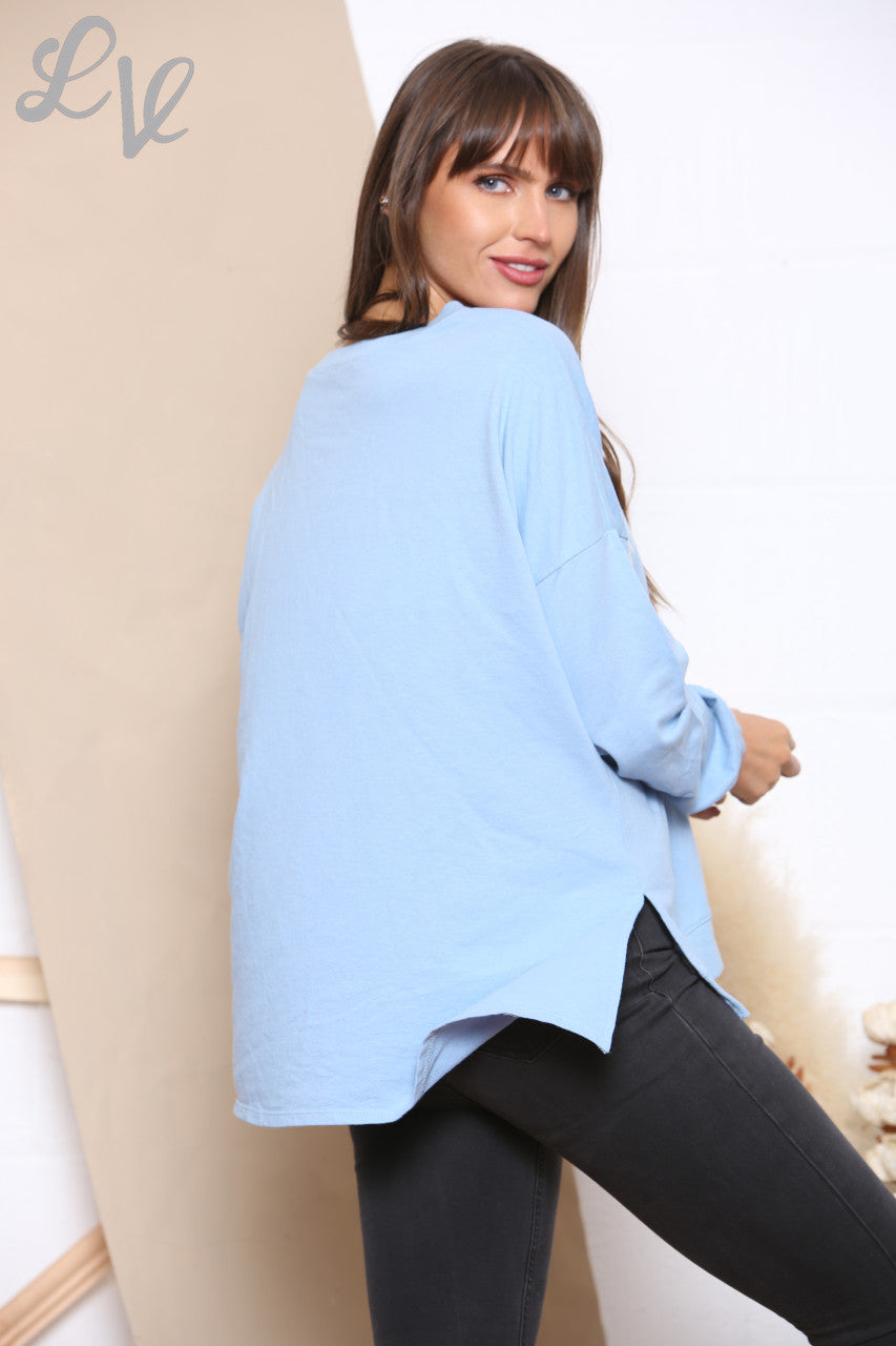 Ladies Foil V Script Graphic Sweatshirt Top Sky Blue