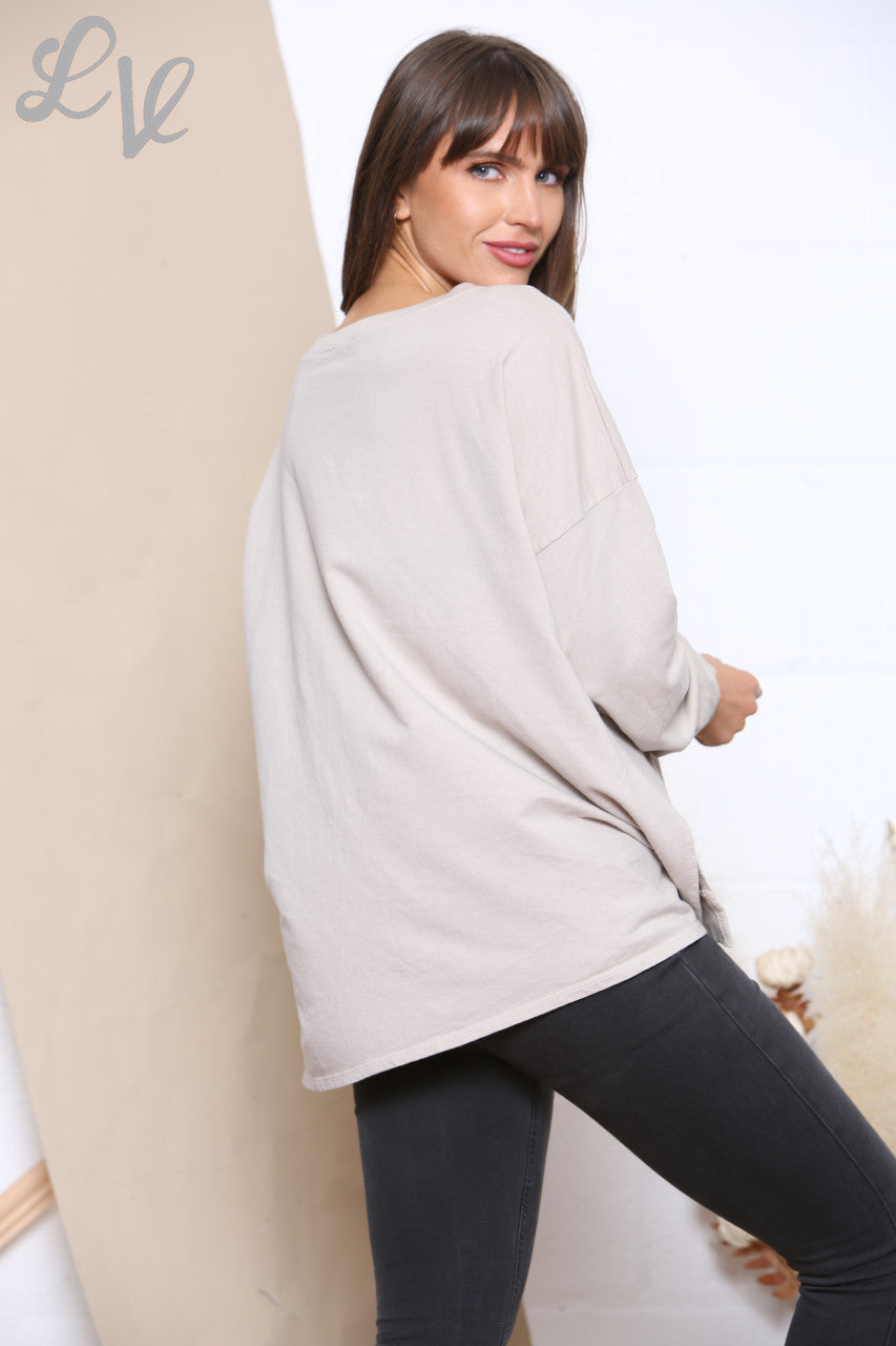 Ladies Foil V Script Graphic Sweatshirt Top Stone