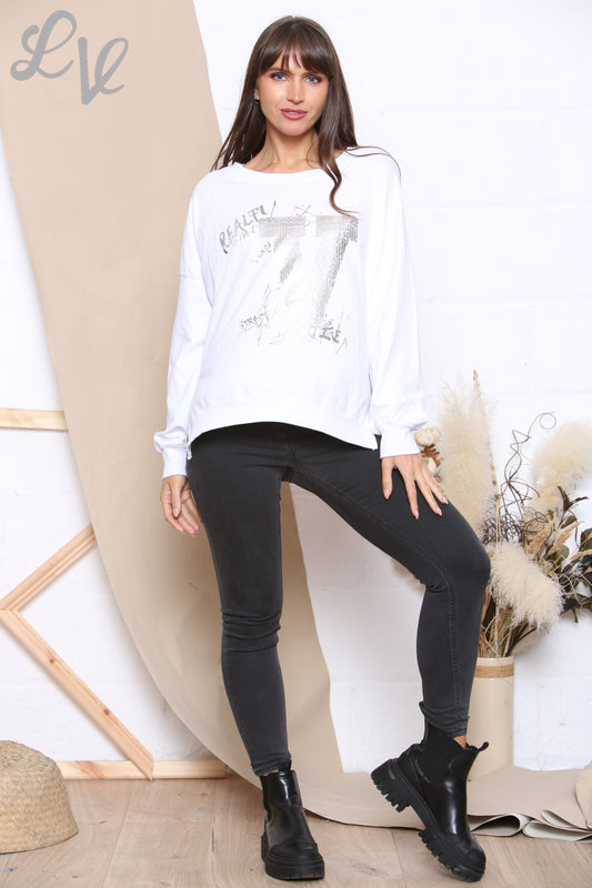 Ladies Foil V Script Graphic Sweatshirt Top White