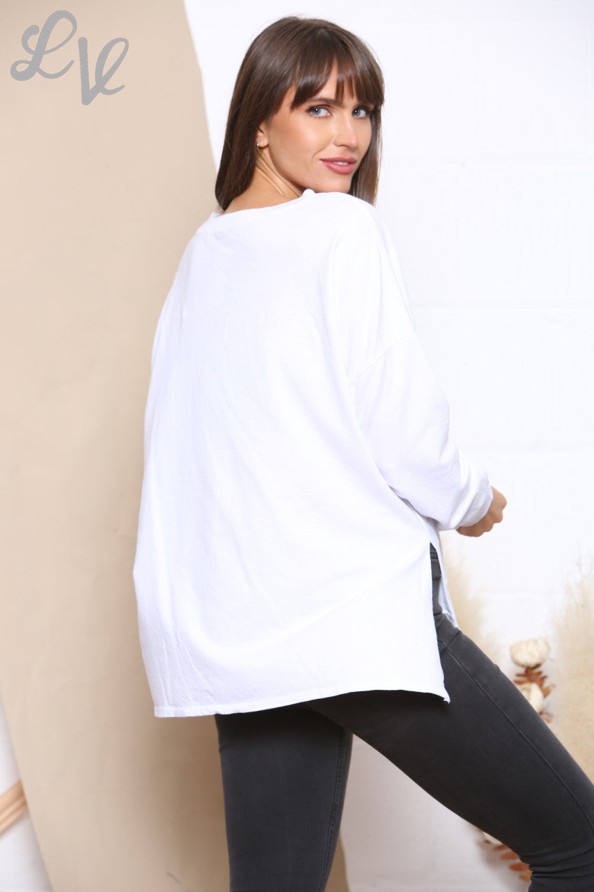 Ladies Foil V Script Graphic Sweatshirt Top White