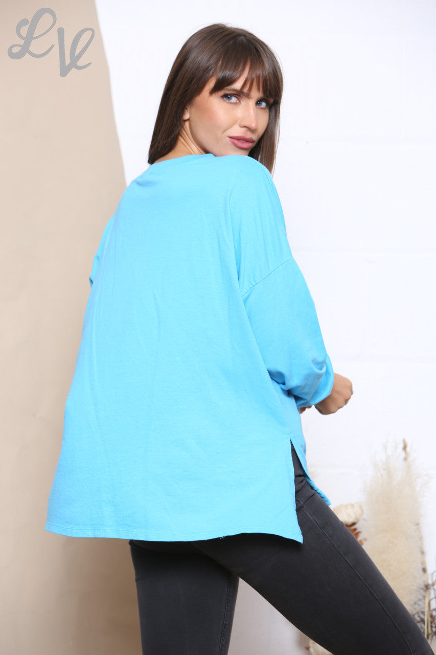 Ladies Foil V Script Graphic Sweatshirt Top Turquoise