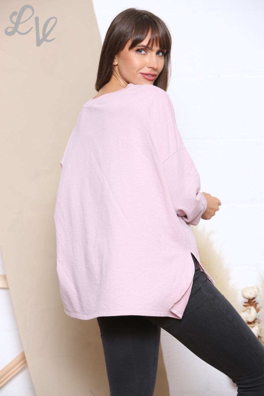 Ladies Foil V Script Graphic Sweatshirt Top Dusty Pink