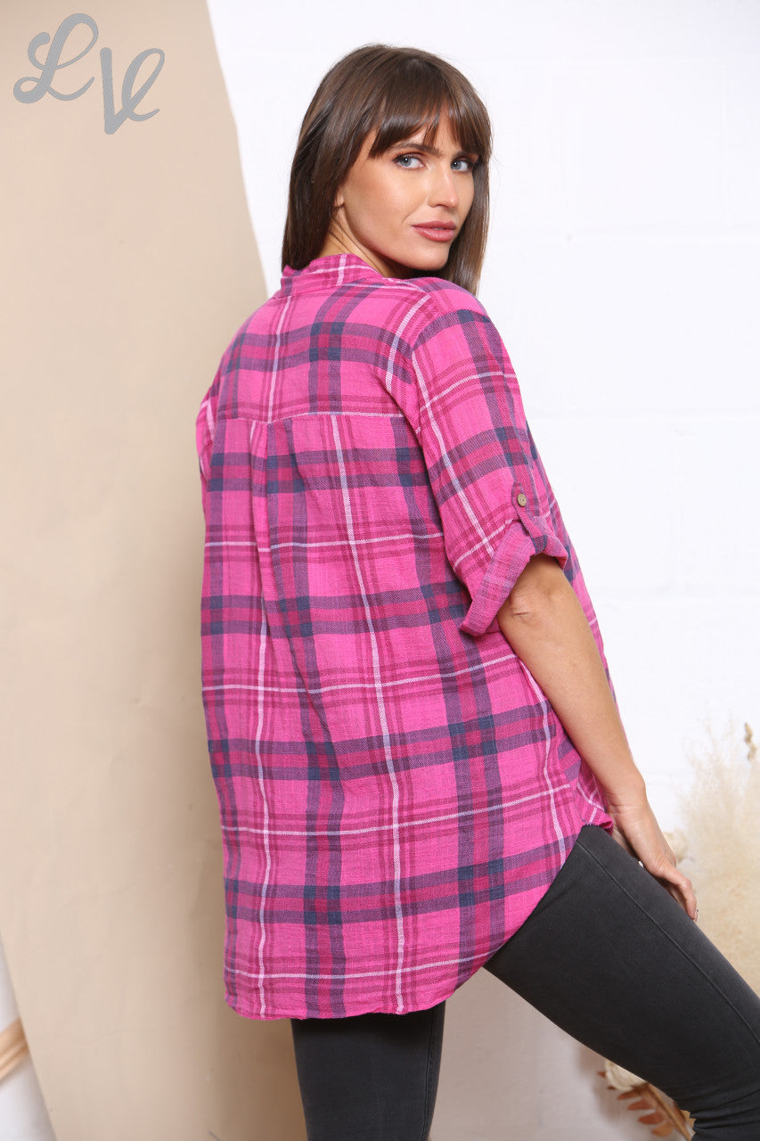 Ladies Check Print Shirt Cerise