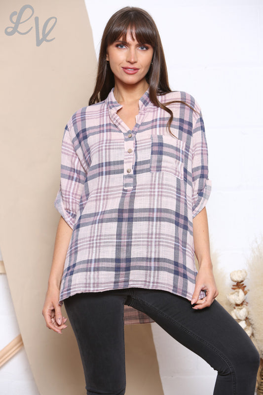 Ladies Check Print Shirt Dusty Pink