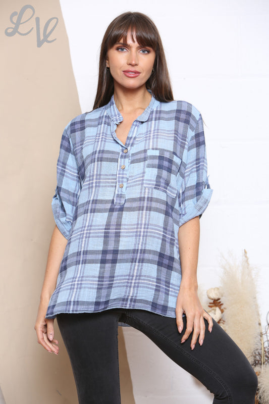 Ladies Check Print Shirt Sky Blue
