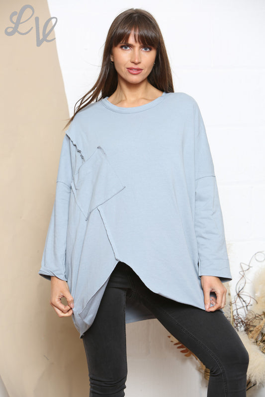 Ladies Pocket Front Plain Sweatshirt Top Denim