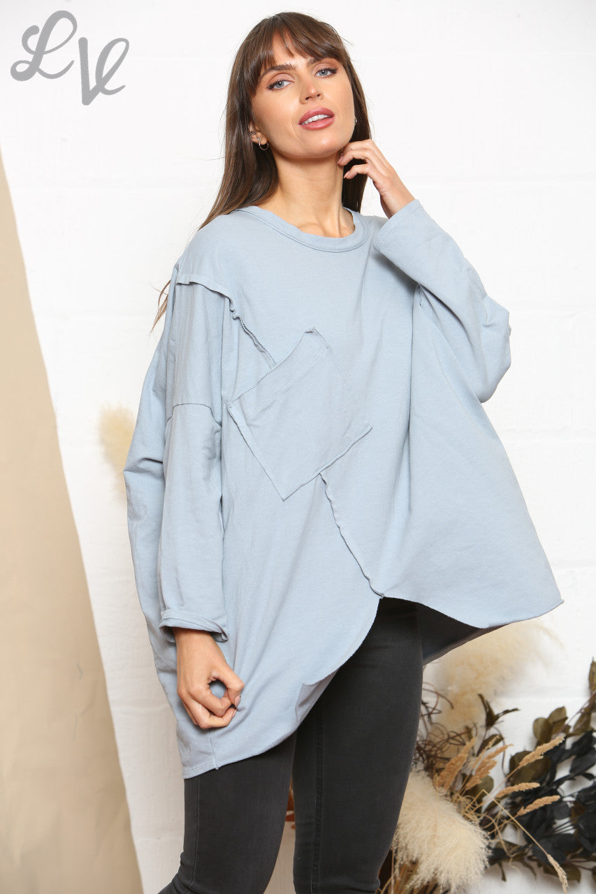 Ladies Pocket Front Plain Sweatshirt Top Denim