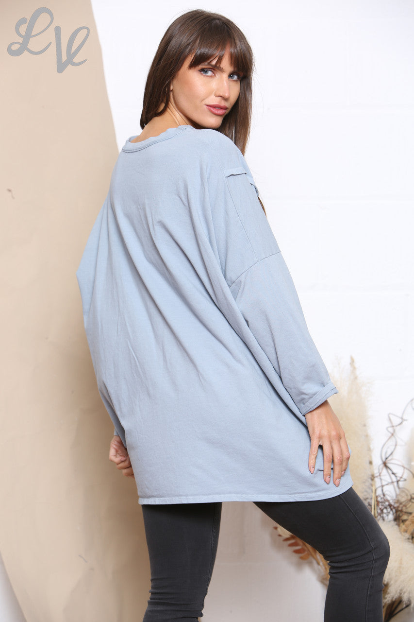 Ladies Pocket Front Plain Sweatshirt Top Denim
