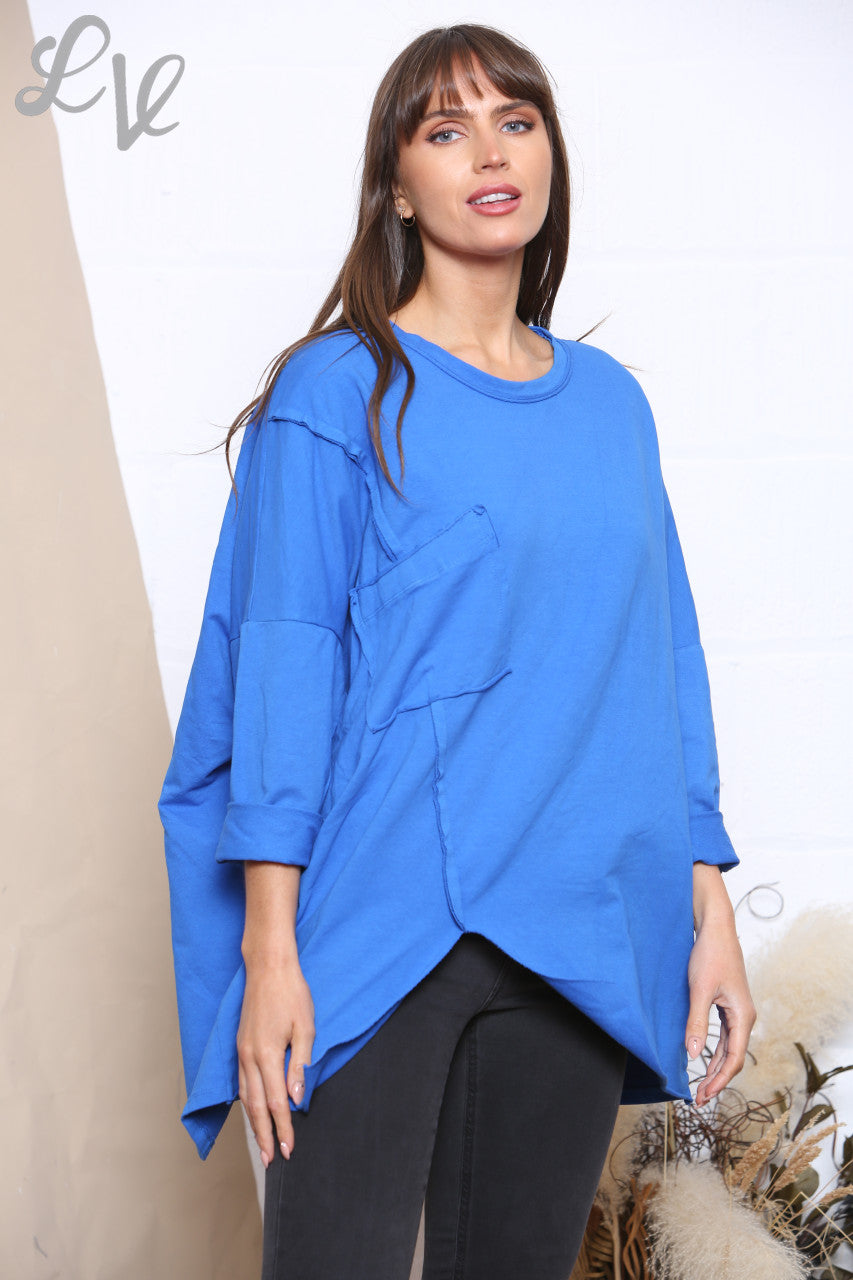 Ladies Pocket Front Plain Sweatshirt Top Royal Blue