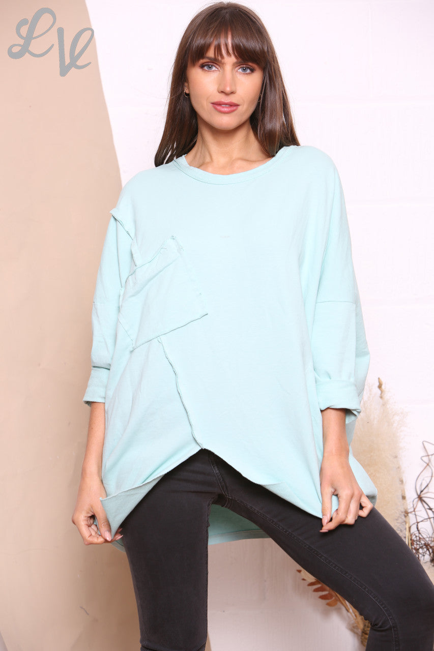 Ladies Pocket Front Plain Sweatshirt Top Mint