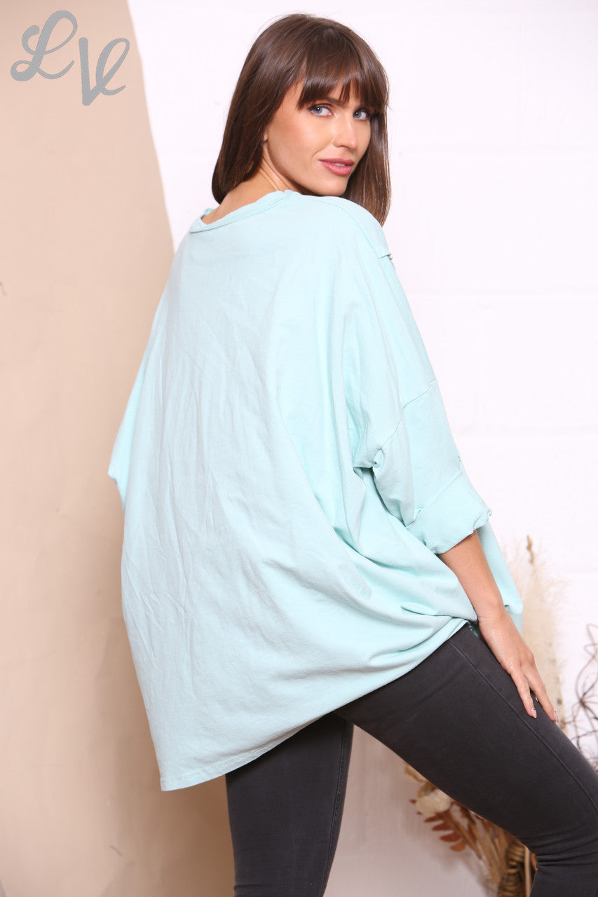 Ladies Pocket Front Plain Sweatshirt Top Mint