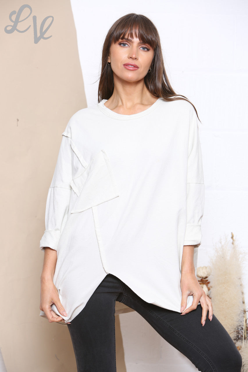 Ladies Pocket Front Plain Sweatshirt Top White