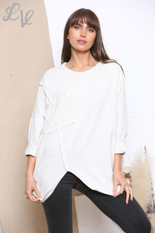 Ladies Pocket Front Plain Sweatshirt Top White